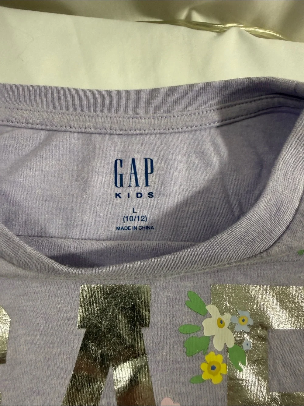 GAP Lavender Tee with Silver Logo and Floral Accent